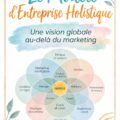 Une femme d'affaires réfléchissant à un modèle d'affaires holistique, entourée d'outils de marketing digital.