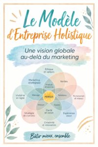 Une femme d'affaires réfléchissant à un modèle d'affaires holistique, entourée d'outils de marketing digital.