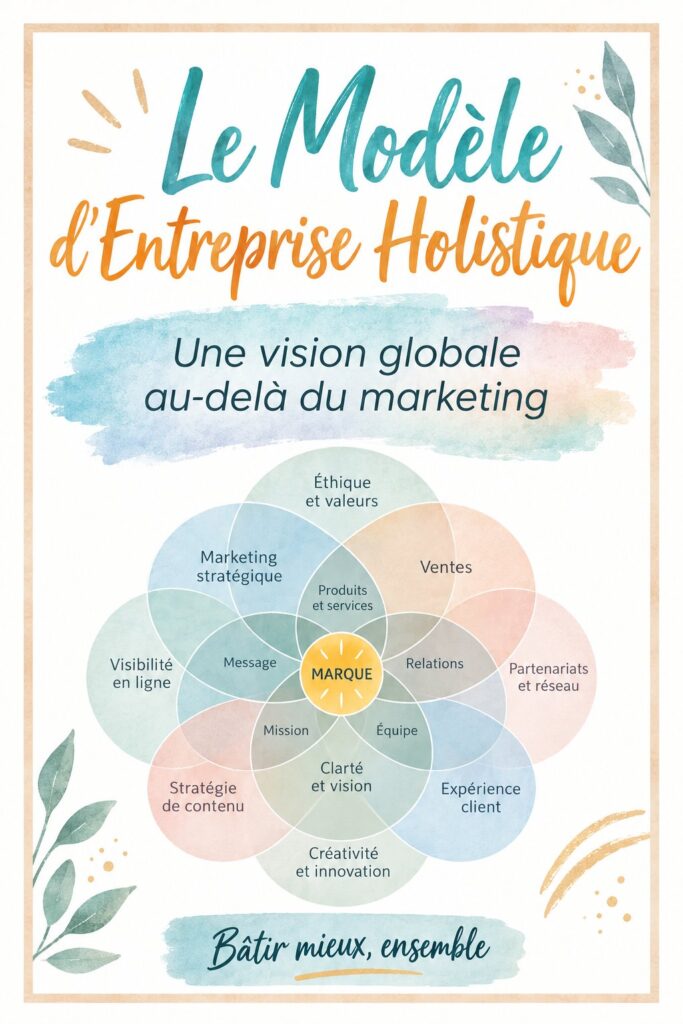 Une femme d'affaires réfléchissant à un modèle d'affaires holistique, entourée d'outils de marketing digital.