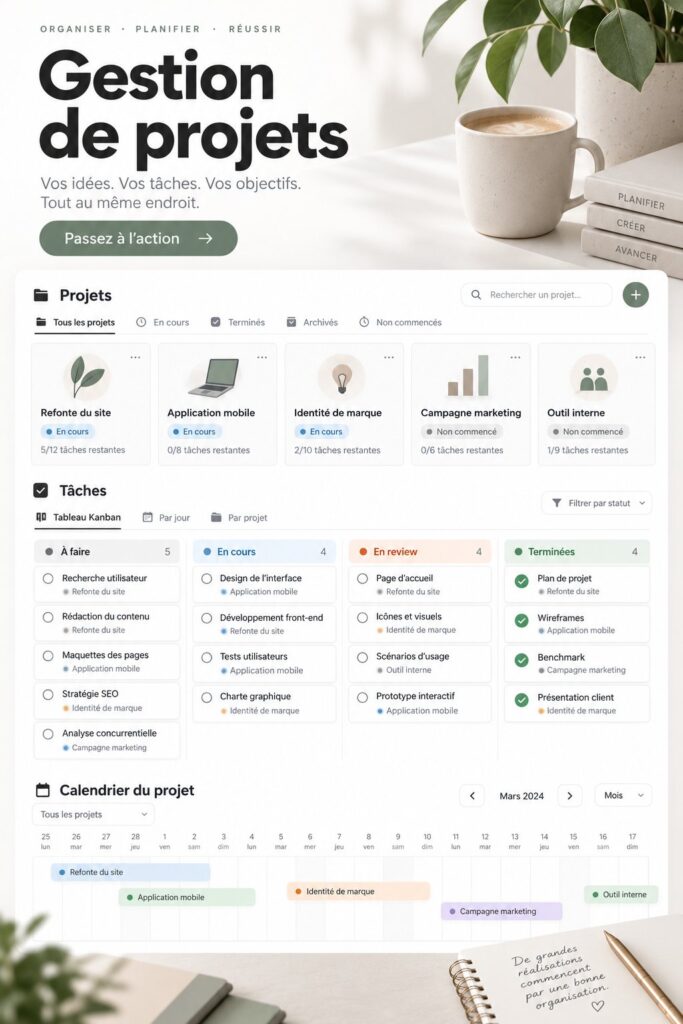 Screenshot d'un modèle Notion pour la gestion de projet.