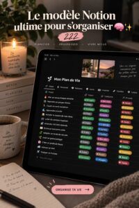 Un aperçu d'un modèle de planner Notion moderne sur un bureau organisé