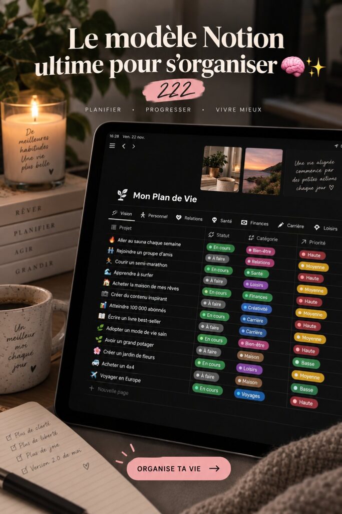 Un aperçu d'un modèle de planner Notion moderne sur un bureau organisé