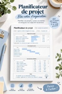Un bureau bien organisé avec un planner de gestion de projet sur la table.