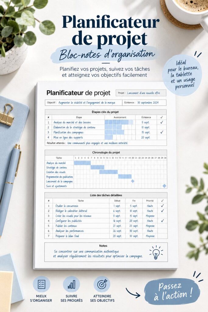 Un bureau bien organisé avec un planner de gestion de projet sur la table.