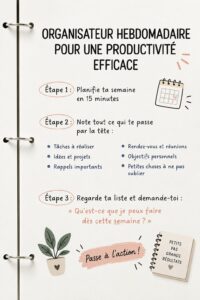 Femme utilisant un agenda pour organiser sa semaine, symbolisant la productivité