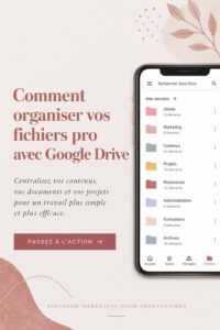 Illustration d'un écran d'ordinateur avec Google Drive affiché, montrant des fichiers organisés