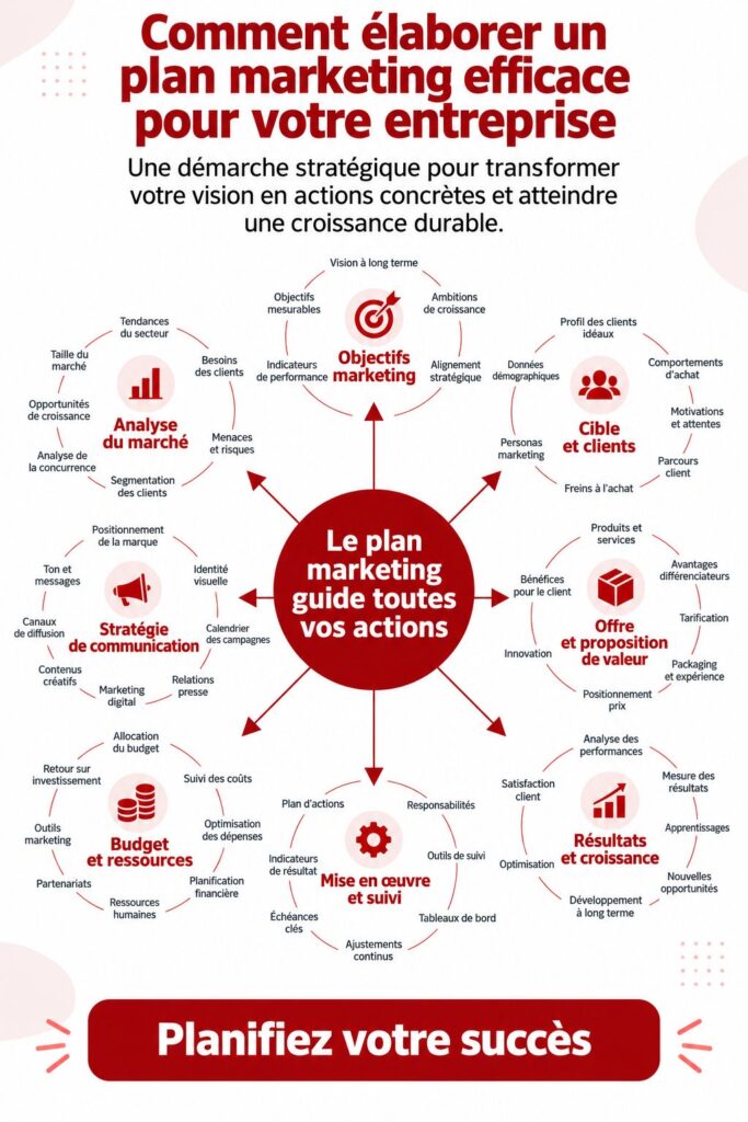 Image d'une femme travaillant sur un plan marketing, entourée de notes et d'outils numériques.