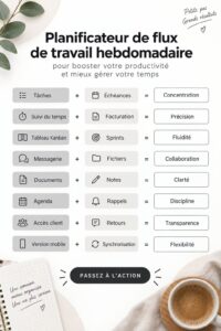 Femme utilisant un planificateur hebdomadaire pour organiser son temps et améliorer sa productivité.