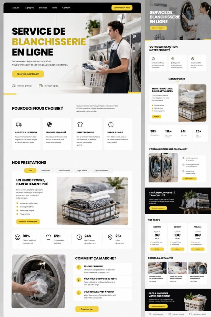 Capture d'écran d'un site web moderne pour un service de blanchisserie, mettant en avant des services de lavage.