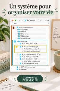 Illustration d'un bureau organisé avec des outils d'organisation modernes et pratiques.