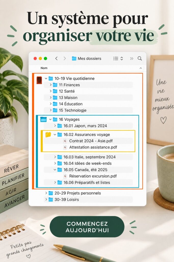 Illustration d'un bureau organisé avec des outils d'organisation modernes et pratiques.