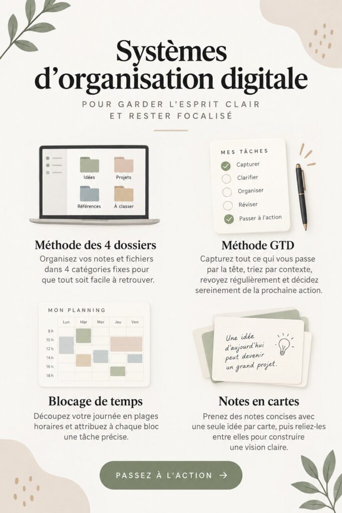 Femme utilisant un système d'organisation digitale sur son ordinateur, illustrant le thème de la concentration