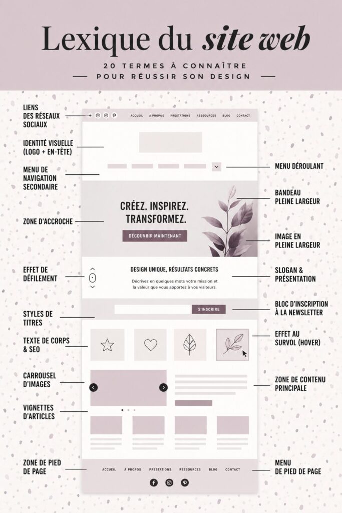 Illustration d'un tableau noir avec des mots-clés du vocabulaire web design écrits en blanc