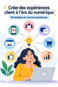 Une femme souriante utilisant une tablette pour interagir avec des clients en ligne, représentant la transformation numérique de l'expérience client.