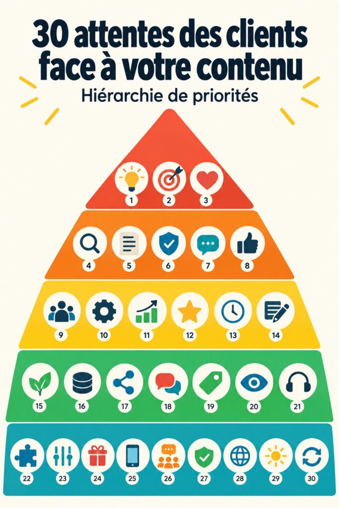 Visuel graphique représentant les 30 attentes des clients en matière de contenu marketing.