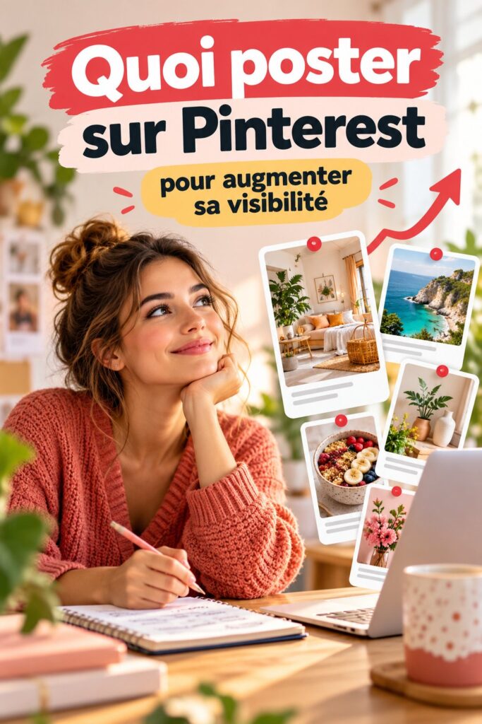 Une femme souriante utilisant Pinterest pour booster sa visibilité en ligne.