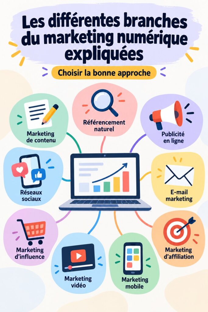 Illustration des différentes branches du marketing numérique, mettant en avant les divers types et outils.
