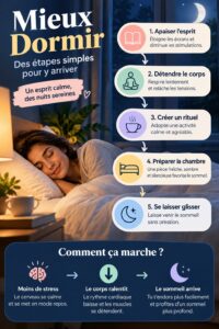 Diagramme de boxe illustrant les étapes pour un meilleur sommeil.