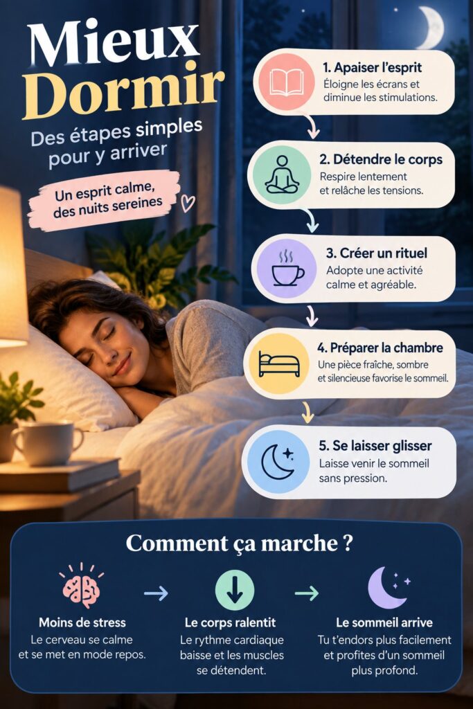 Diagramme de boxe illustrant les étapes pour un meilleur sommeil.