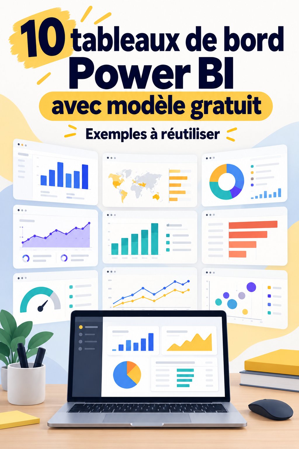 Tableau de bord Power BI avec des graphiques colorés et des données claires.