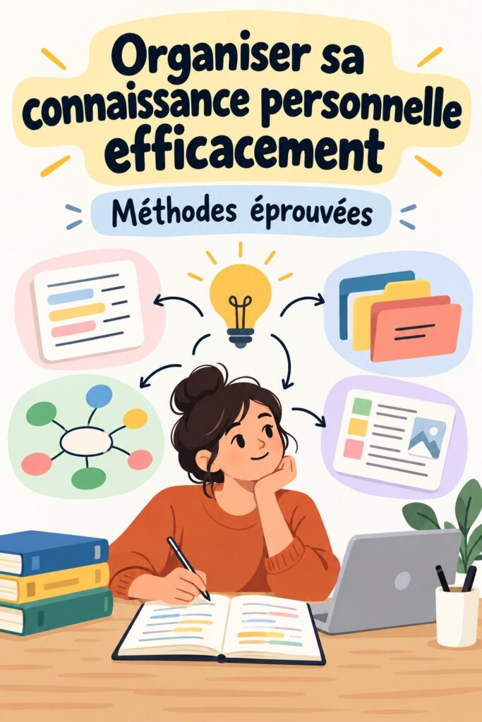 Une femme utilisant un outil numérique pour organiser ses savoirs personnels dans un environnement chaleureux et inspirant.