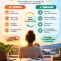 Illustration d'une femme organisant son emploi du temps avec des outils de productivité, reflétant un équilibre entre temps et énergie.