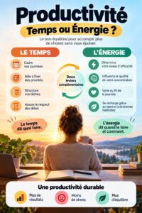Illustration d'une femme organisant son emploi du temps avec des outils de productivité, reflétant un équilibre entre temps et énergie.