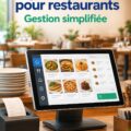 Système de caisse moderne dans un restaurant, affichant des ventes sur un écran digital