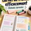 Femme assise à un bureau, carnet de travail bien organisé avec des notes et des couleurs