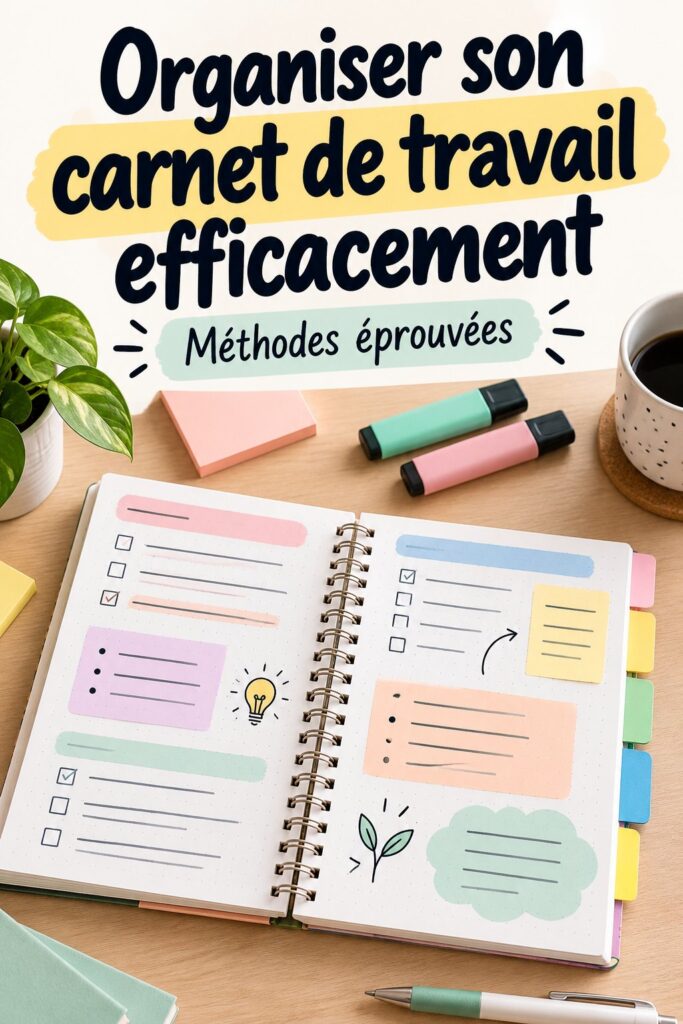 Femme assise à un bureau, carnet de travail bien organisé avec des notes et des couleurs