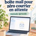 Femme souriante utilisant son ordinateur portable dans une boîte mail bien organisée.