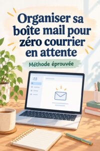 Femme souriante utilisant son ordinateur portable dans une boîte mail bien organisée.