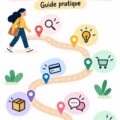 Femme d'affaires analysant le parcours client sur un tableau blanc.
