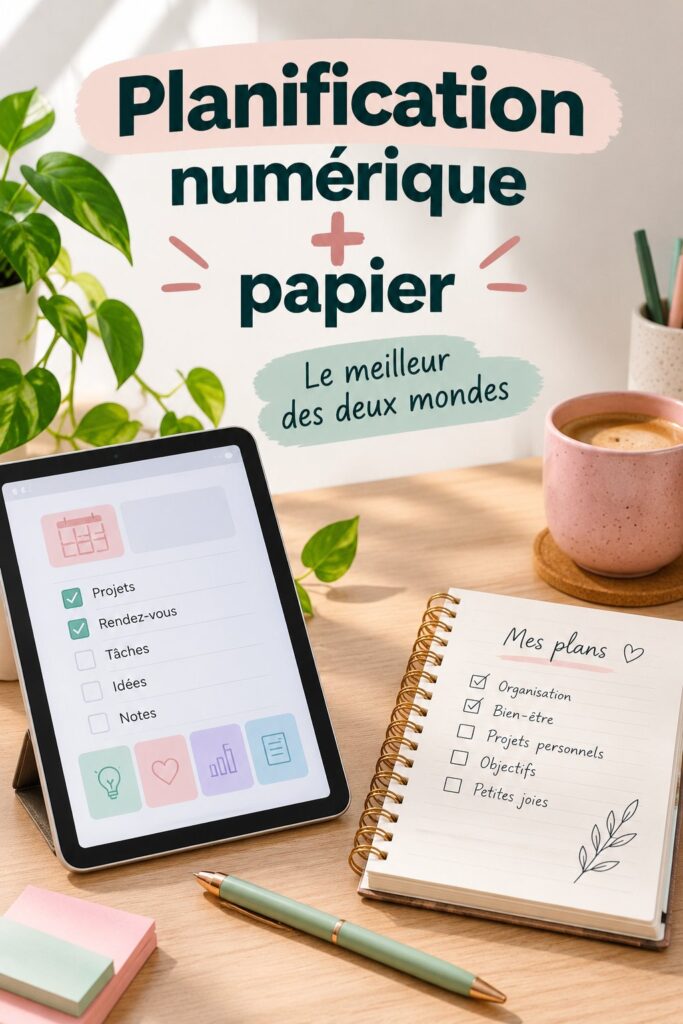 Femme en train d'organiser son emploi du temps avec un planner. Côté digital et côté papier.
