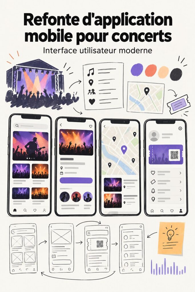 Capture d'écran de l'application redesignée Bandsintown montrant l'interface utilisateur améliorée.