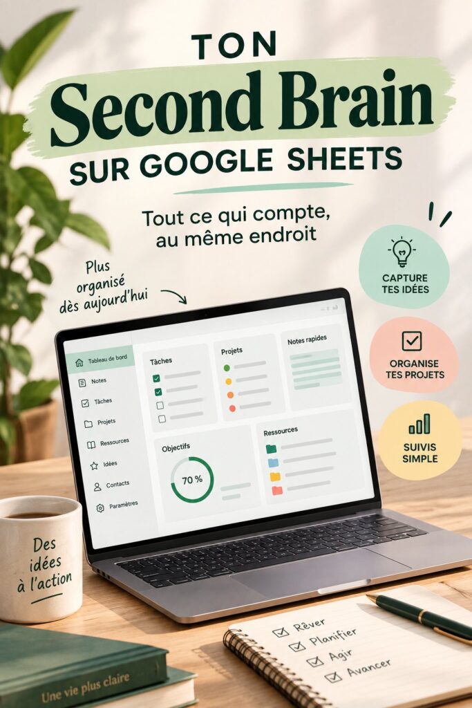 Capture d'écran d'un modèle de second cerveau dans Google Sheets, avec une mise en page claire et organisée.