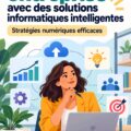 Une femme d'affaires consulte un logiciel sur son ordinateur, représentant des solutions IT intelligentes pour l'entreprise.
