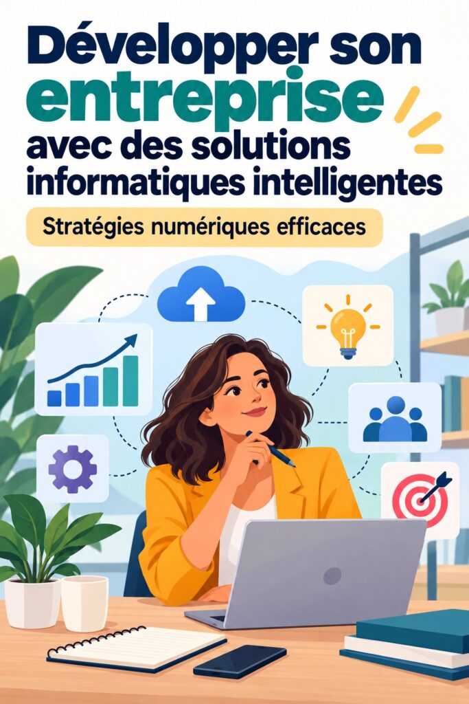 Une femme d'affaires consulte un logiciel sur son ordinateur, représentant des solutions IT intelligentes pour l'entreprise.
