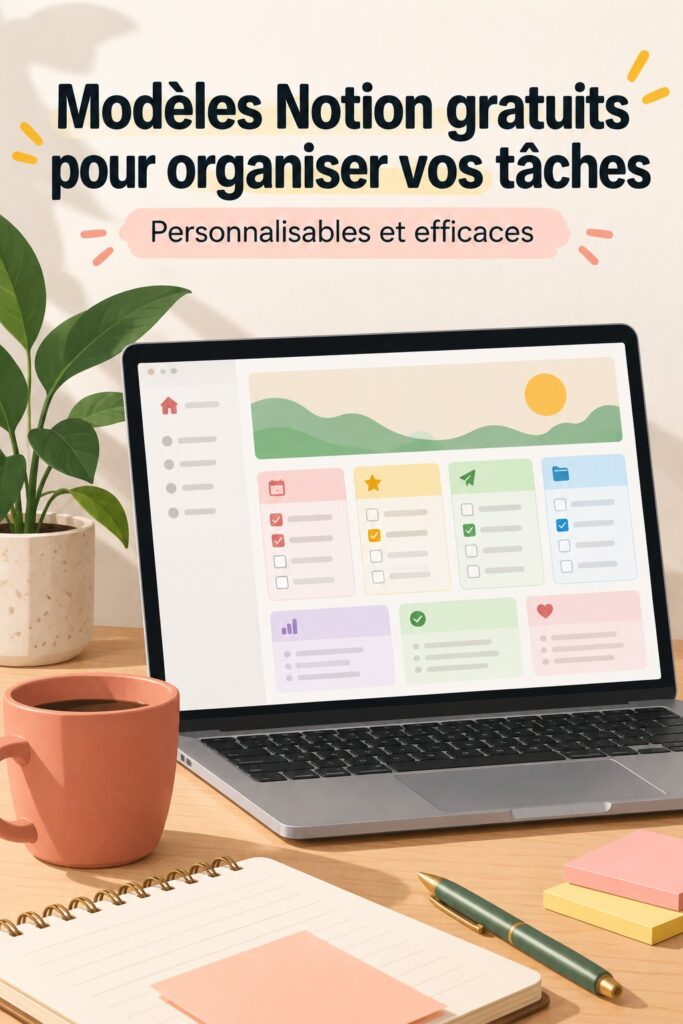 Un écran d'ordinateur affichant des templates Notion personnalisés organisés de manière esthétique.