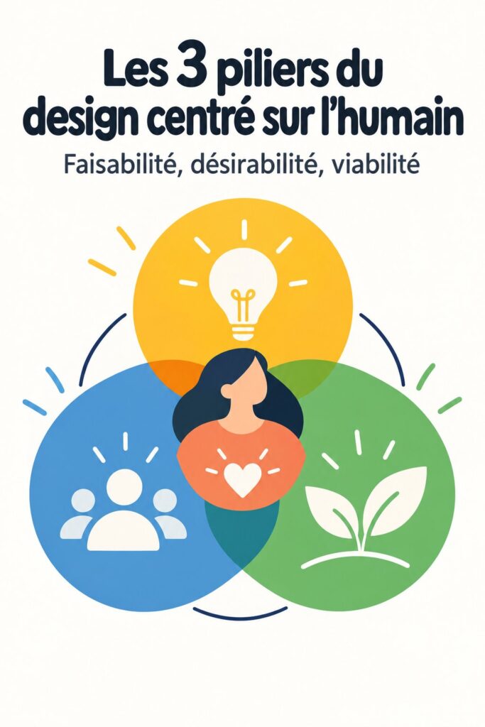Illustration montrant les trois piliers du design centré sur l'humain de manière visuelle et engageante.