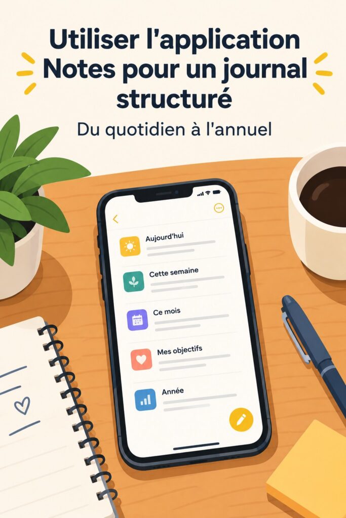Capture d'écran d'un journal dans Apple Notes avec des entrées de réflexions personnelles et des objectifs