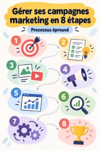 Une femme travaillant sur son ordinateur avec un tableau de workflow devant elle, illustrant l'optimisation des processus marketing.