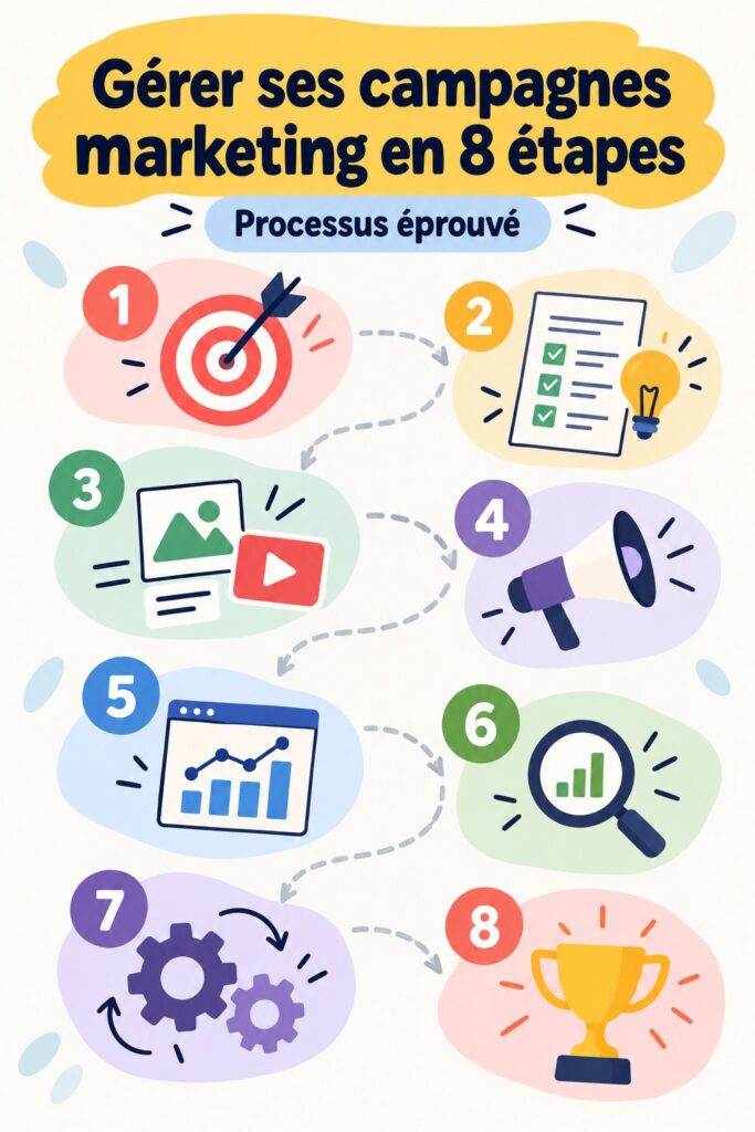 Une femme travaillant sur son ordinateur avec un tableau de workflow devant elle, illustrant l'optimisation des processus marketing.
